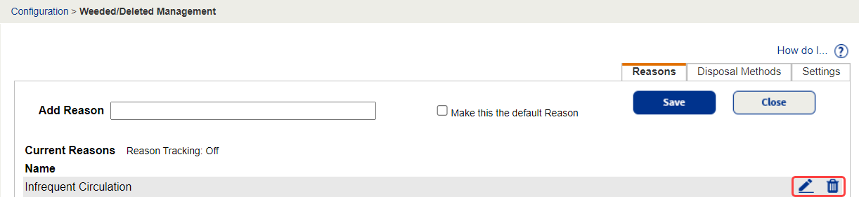 Reasons sub-tab with edit and delete highlighted.