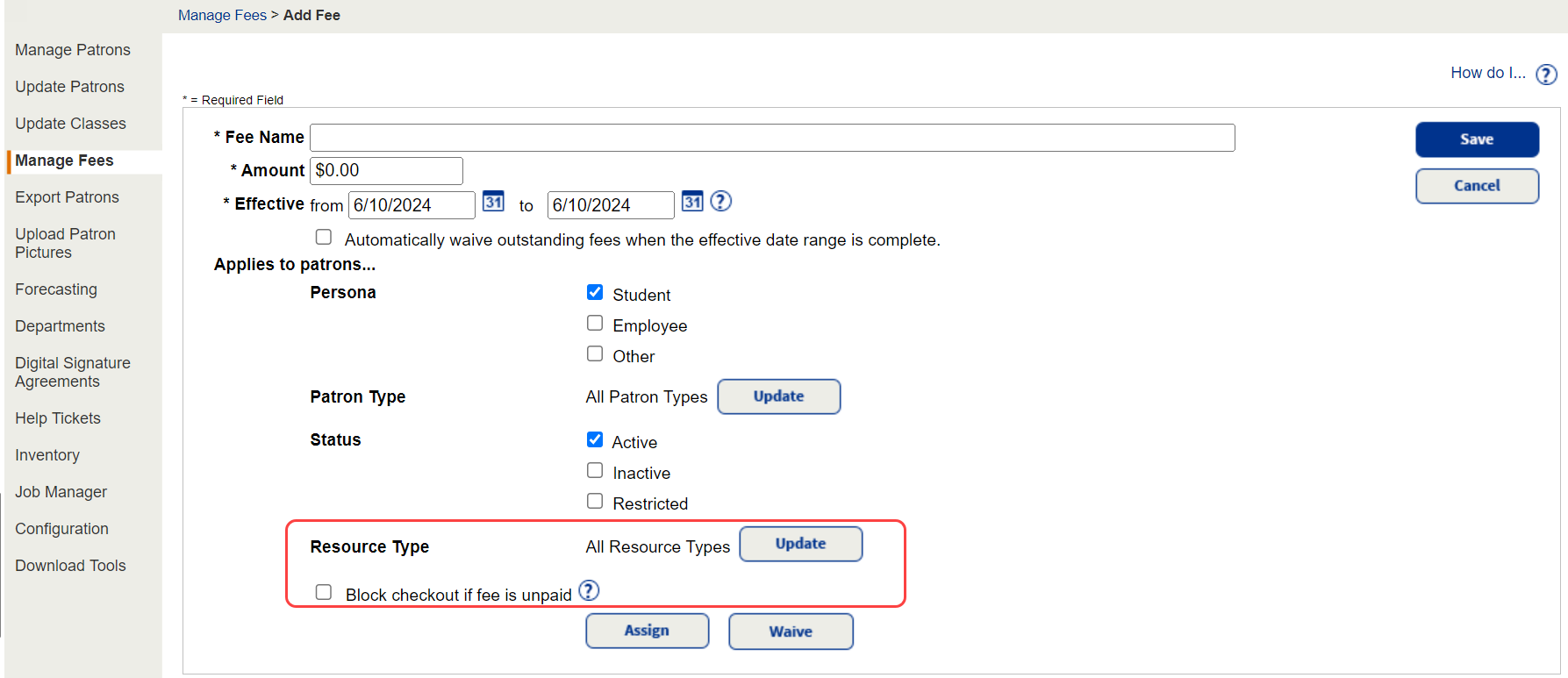 Add Fee page with Block checkout if fee is unpaid checkbox circled in red.