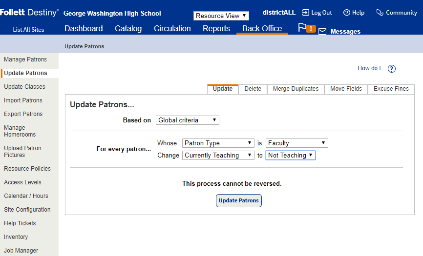 Update Patrons page Update sub-tab based on global criteria
