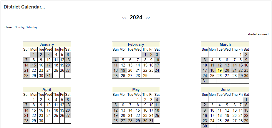 District calendar year view.