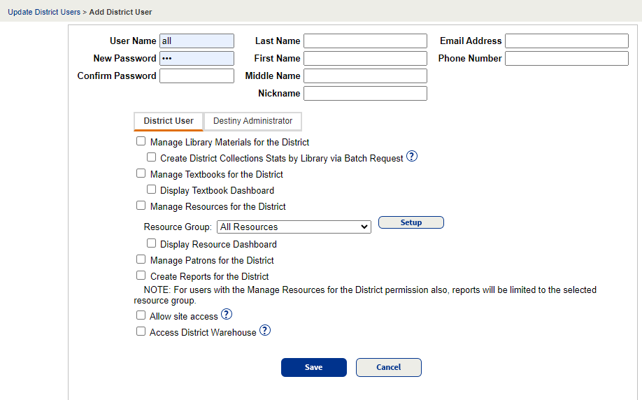 District User Setup page.