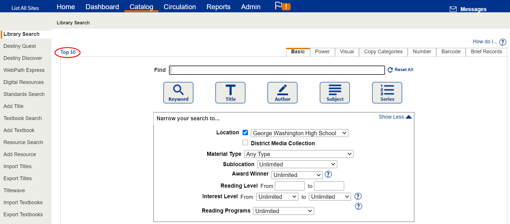 Library Search page with Top 10 link highlighted.