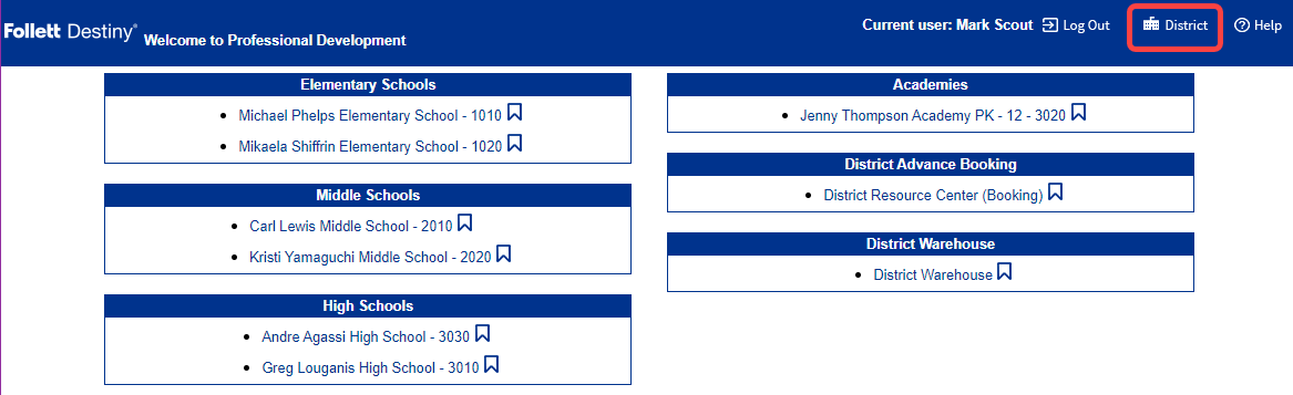 District Welcome page with Setup link highlighted.