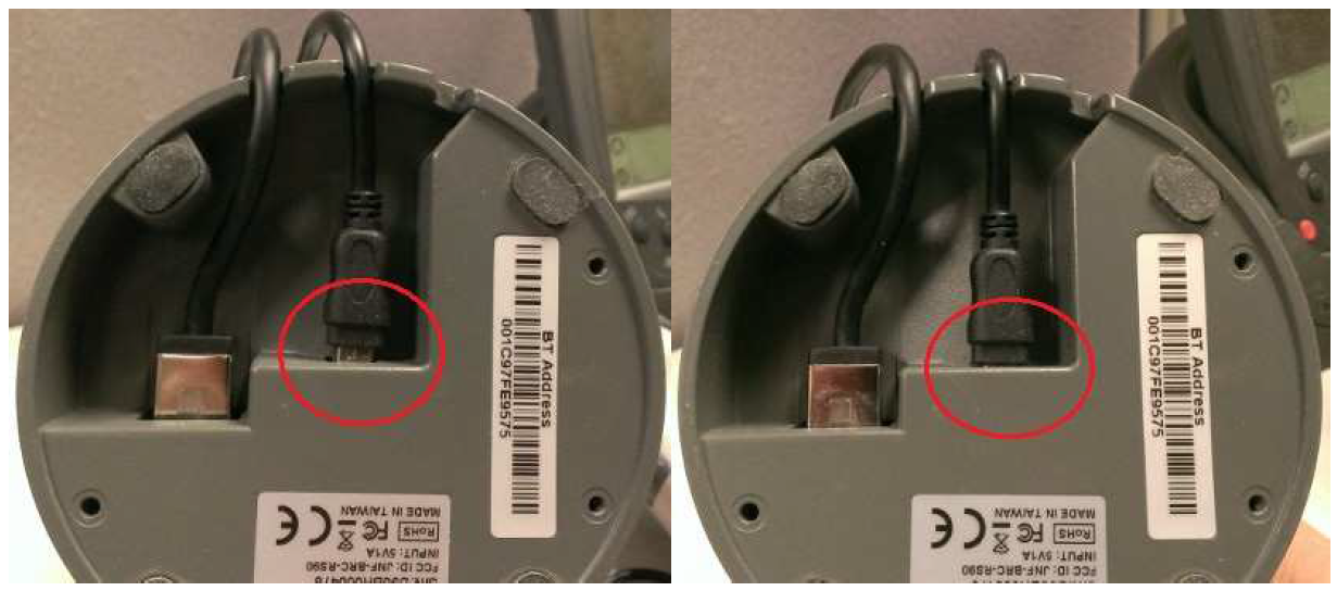 Incorrect and correct way to insert mini USB cable.