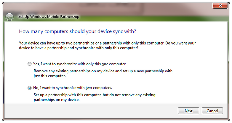 Set Up Windows Mobile Partnership pop-up.