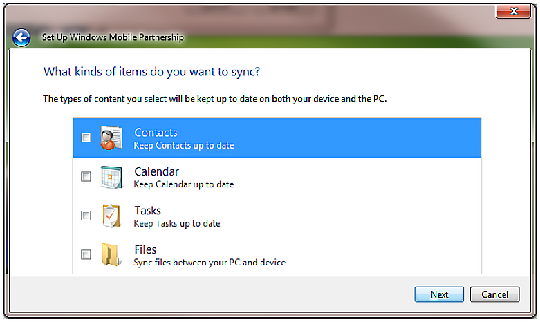 Set Up Windows Mobile Partnership pop-up for contacts.