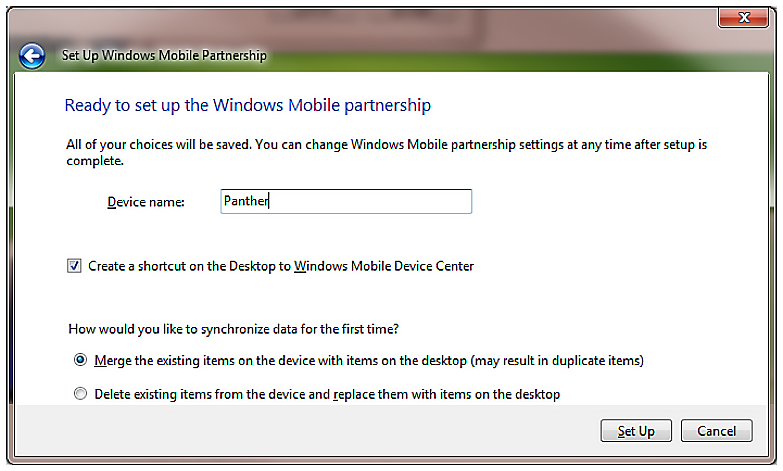 Set Up Windows Mobile Partnership pop-upwith Device Name.